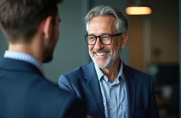 Two businessmen shake hands in modern office. Smiling older man with glasses and younger colleague collaborate. Successful partnership, agreement, and teamwork in business environment.