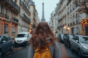 Toward Woman walking towards Eiffel Tower on a Paris street in autumn