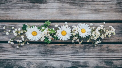 Obraz premium White daisies and small wildflowers on weathered wood planks