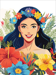  Creative art collage with beautiful meadow flowers and woman on color background