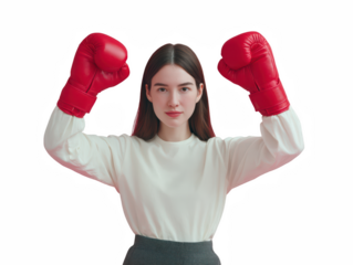 Confident young woman posing with vibrant red boxing gloves, conveying strength and determination, on transparent background silhouette