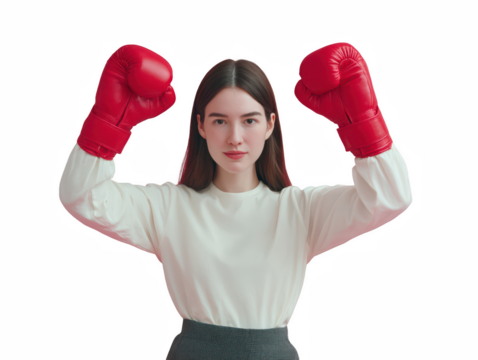 Confident young woman posing with vibrant red boxing gloves, conveying strength and determination, on transparent background silhouette