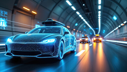 Futuristic autonomous vehicles navigate underground tunnel, AI technology in traffic control. Cars with glowing blue lights move along high-tech road, reflecting advanced automotive innovation.