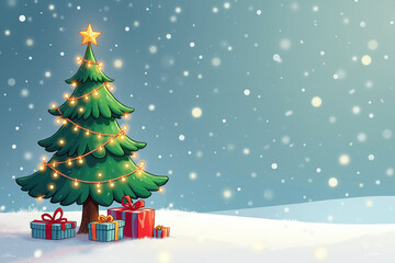 Naklejka premium A green Christmas tree decorated with yellow lights and a star, with 5 colorful gifts at its base, in a snowy landscape with falling snowflakes.