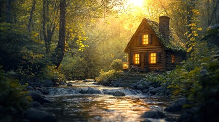 Wooden cabin nestled in a sunlit forest by a flowing stream