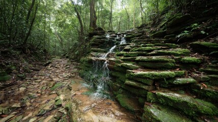Obraz premium Lush forest with cascading waterfall over mossy rocks