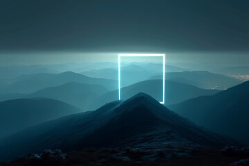 Glowing neon frame over misty mountain landscape.