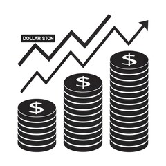 Growing stacks of dollar coins and upward trend graph isolated on white background