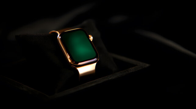 Sleek Gold Smartwatch with Vibrant Green Screen Mockup on Dark Elegant Background