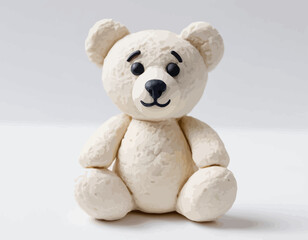 The bear is sitting in a classic pose with its limbs slightly spread and a gentle, friendly expression. Its body has a distinct, wrinkled or fibrous texture, giving it a handcrafted, slightly rustic 