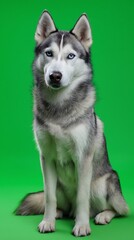 Fototapeta premium Portrait of a siberian husky dog breed with blue eyes sitting on a green screen background studio shot