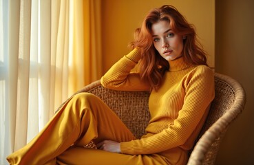Fototapeta premium Young woman with auburn hair poses elegantly in wicker chair, wearing stylish mustard yellow turtleneck, matching pants. Embodies autumn fashion with modern, urban aesthetic, sitting comfortably