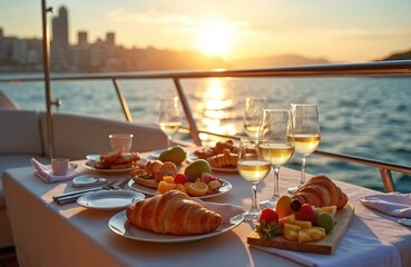 Elegant dining on a luxury yacht offers scenic sunset views. Enjoy fresh seafood, wine, and gourmet food on deck. A perfect romantic starlight cruise with friends, creating unforgettable memories.
