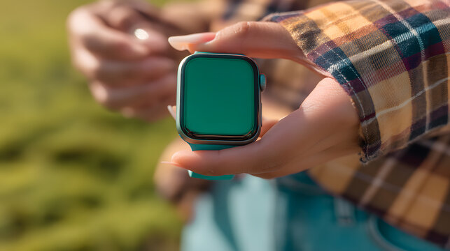 Hands Holding a Modern Smartwatch Mockup with Blank Green Screen in Natural Outdoor Light - Powered by Adobe