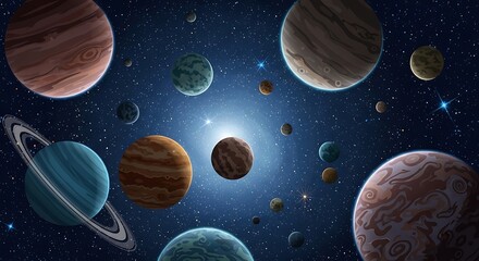 Colorful Cartoon Solar System Planets and Stars against a Cosmic Backdrop