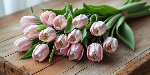 Delicate pink tulips arranged on weathered wood bouquet floral