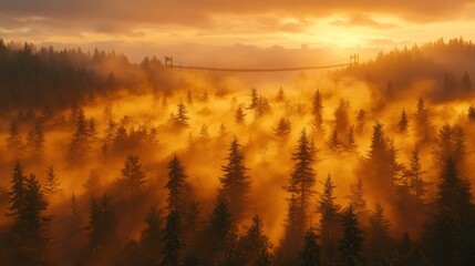 Fototapeta premium Golden sunrise over misty forest with bridge