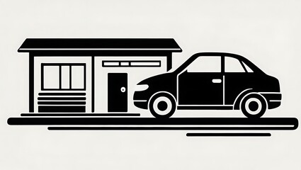 Car parked next to a simple building with windows and a door