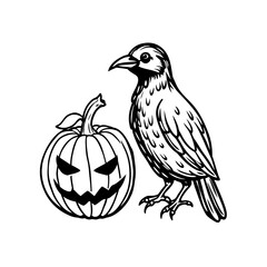 A hand-drawn black and white illustration featuring a majestic raven standing beside a grinning Halloween jack-o'-lantern.