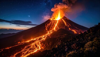 Volcanic Eruption at Night: Dramatic night view of an active volcano erupting, with vibrant molten lava flowing down its slopes under a clear, star-filled sky.