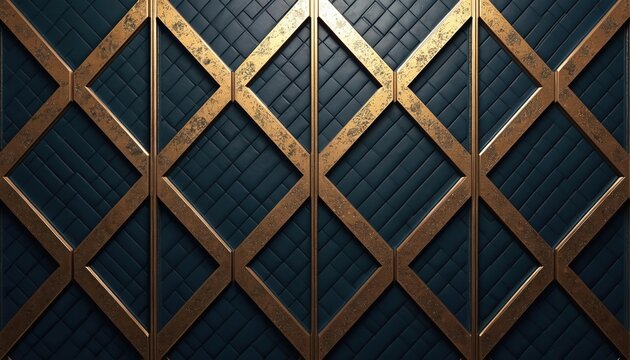 Fototapeta Art deco illustration features striking geometric gold lines on dark teal background. Repeating diamond pattern creates sophisticated visual texture. Ideal for interior design wallpaper, luxury