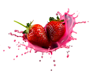Png two strawberries splashing in pink liquid, isolated on transparent background, creating a vibrant and refreshing image of fresh fruit and juice transparent background