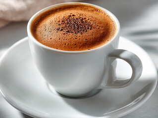 Fototapeta premium White ceramic cup filled with hot black coffee on matching saucer, showing a foamy surface with small bubbles, placed on a light table with soft natural light 