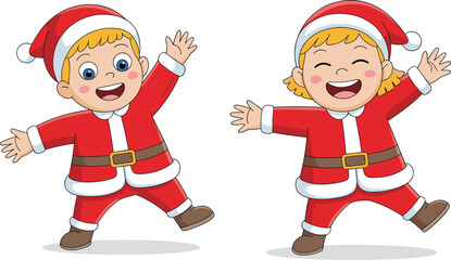 Happy cartoon boy and girl in Santa Claus costume celebrating Christmas, smiling and dancing with joy in festive holiday spirit