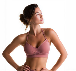 Obraz premium A beautiful young fitness woman in pink yoga , hands on hips and posing for the camera in studio. 
