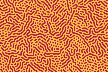 Turing reaction-diffusion pattern with organic, worm-like lines and dots. This abstract reaction-diffusion design in red and orange is perfect for bold, modern projects.