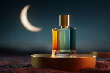  A colourful perfume bottle  kept on a circular podium at night background . in the background there is a half moon.
Night perfume.  Perfume welcoming ramadan concept.