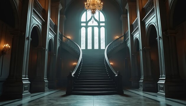Grand staircase in historic mansion interior. Features elegant architecture, marble flooring, dark wood accents, gothic columns. Dramatic lighting with chandelier, wall sconces creates opulent, - Powered by Adobe