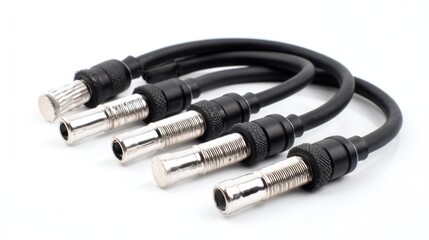 Four black cables with silver ends arranged diagonally on a white surface