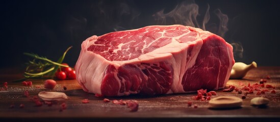 a photo of raw beef steak with rosemary, a cutting board, and dark background, highly detailed, hyper-realistic, 8k, cinematic lighting
