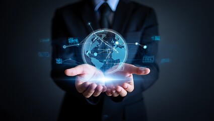 Global business network and technology concept presented by executive in suit digital world connectivity and communication