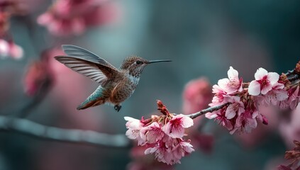 Fototapeta premium Hummingbird in flight near pink cherry blossoms