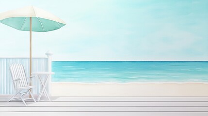 Obraz premium Summer watercolor scene of a cozy beachside cafe with colorful umbrellas and a sea breeze.