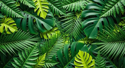 A dense, vibrant tapestry of lush green tropical foliage, featuring large, split Monstera leaves and delicate fern fronds creating a natural, organic pattern.
