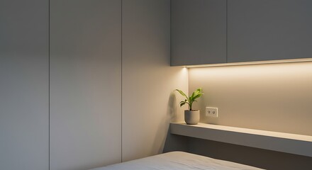 Serene bedroom corner with minimalist grey built-in furniture and warm ambient LED lighting creating a cozy, modern interior.