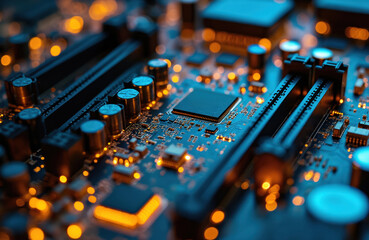 Detailed view of computer motherboard circuit board, featuring intricate pathways, electronic components. Blue, orange glow highlights advanced technology, complex design of central processing unit,