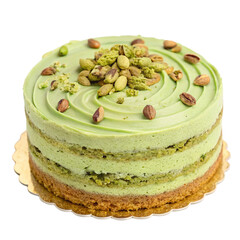 Pistachio cake with green frosting and nuts isolated on transparent background  
