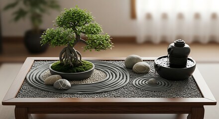 Slats personalizados com paisagens com sua foto A serene tabletop zen garden featuring a miniature bonsai tree, raked sand patterns, smooth stones, and a small tabletop water fountain.
