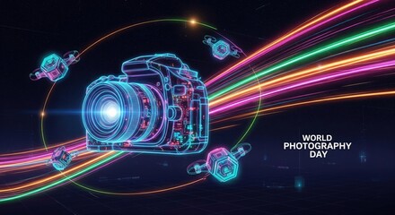 Futuristic Neon DSLR Camera – HD Photographer Wallpaper, World Photography Day Concept Art