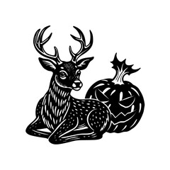 Stylized black and white illustration depicting a resting stag with antlers next to a spooky carved pumpkin.