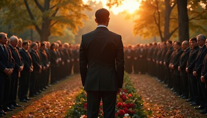 Solemn funeral procession gathers at cemetery, honoring life lost. Man in suit stands before flower-adorned coffin as mourners line path. Scene conveys deep grief, remembrance amidst somber outdoor