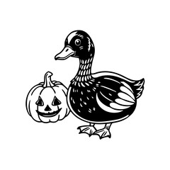 A charming black and white illustration of a duck standing beside a classic carved jack-o'-lantern, ready for Halloween.