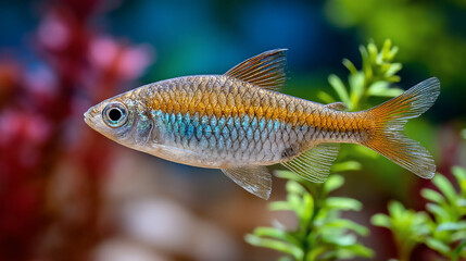 Fototapeta premium Gleaming harlequin rasbora glides past aquarium plants