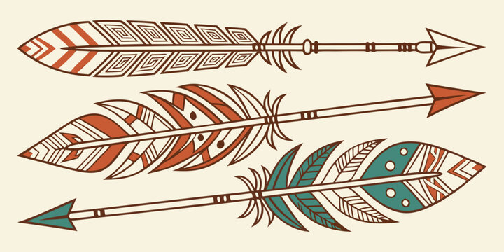 a vector image of tribal and ethnic arrow designs, inspired by Native American and Aztec patterns. Each arrow should have intricate detailing, including feathers, lines, and geometric motifs. Use eart