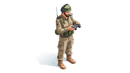 Fototapeta premium An isometric illustration of an Israeli soldier in olive green and brown uniform, holding the remote control for their drone with black features on a white background