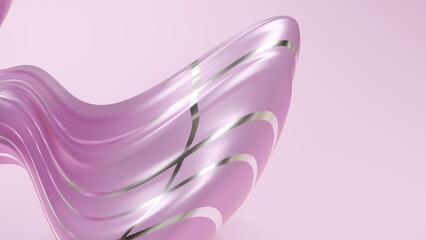 Flowing abstract shapes in translucent pink with metallic silver accents, on a soft pink background